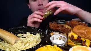 ASMR MUKBANG DAVE’S HOT CHICKEN FRIES EXTRA CREAMY ALFREDO PASTA BREADSTICKS | WITH CHEESE